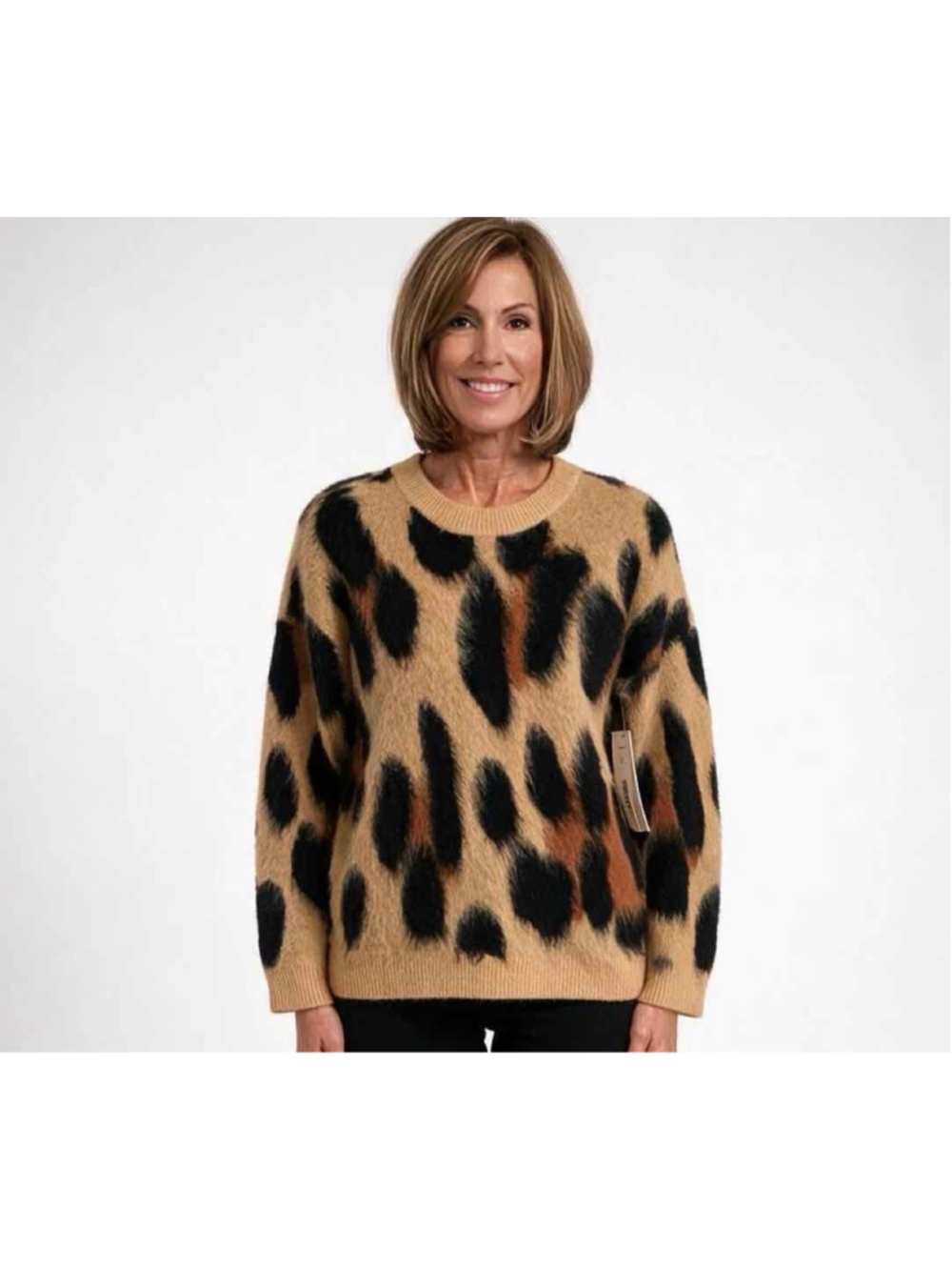 AQUA Leopard Print Crewneck Knit Sweater NWT Camel Multi Size Small